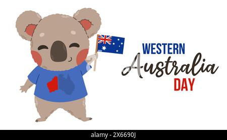 Banner del giorno dell'Australia occidentale. Koala con vettore di bandiera dell'Australia. Poster Western Australia, primo lunedì di giugno. Illustrazione Vettoriale