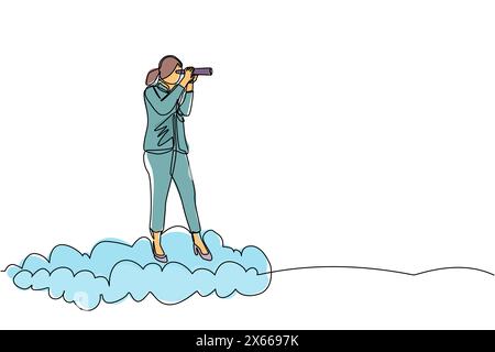 Una linea continua che attira una donna d'affari che viaggia su un'alta nuvola con un telescopio o un binoculare per cercare un visionario aziendale. Visione di leadership da vedere Illustrazione Vettoriale