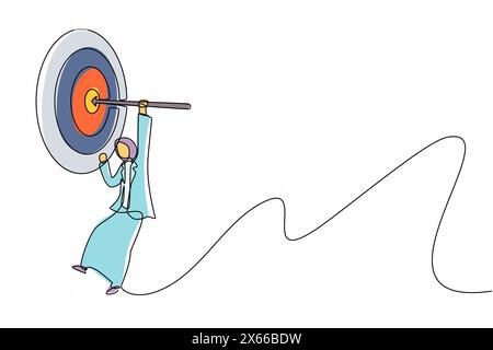 Una sola linea che disegna una donna d'affari araba appesa a freccia sul bersaglio, concetto di successo aziendale. Donna d'affari che attacca la freccia sul bersaglio. Moderno continentale Illustrazione Vettoriale
