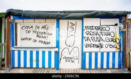 Tende o case dei pescatori in una fase di degrado nel "bico do mexilhoeiro" sulla penisola della città di Barreiro-Estremadura-Portogallo. Foto Stock