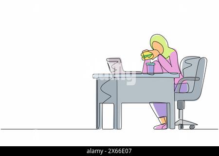 Linea continua che disegna grasso obeso donna araba utilizzando laptop mangiare hamburger fast food concetto di stile di vita malsano sovrappeso ragazza freelance seduta a Illustrazione Vettoriale