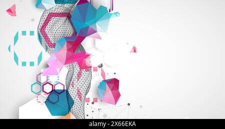 Onda a reticolo astratta con esagoni colorati ed effetto plesso. Background scientifico e tecnologico. Vettore. Illustrazione Vettoriale