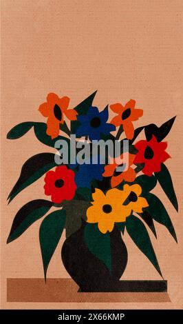 Illustrazione di fiori in un vaso su un tavolo, stile poster anni '1960, spazio per testo, modello poster, design della copertina del libro. Foto Stock