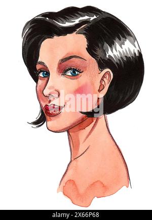 Bella donna bruna. Disegno a mano con inchiostro e acquerello Foto Stock