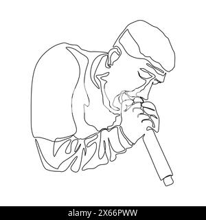 Uomo cantante silhouette, uomo che canta al microfono, cantante che canta silhouette, cantante che canta al microfono un'illustrazione vettoriale a linea continua Illustrazione Vettoriale