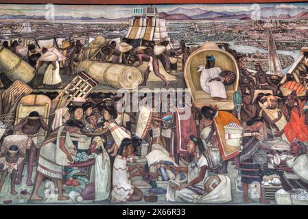 Corridor fresco, 'la grande città di Tenochtitlan', di Diego Rivera, 1945, Palacio Nacional de Mexico, città del Messico, Messico Foto Stock