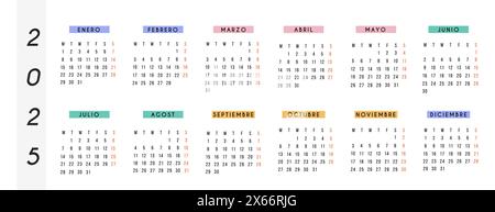 Calendario spagnolo 2025 anno. La settimana di calendario orizzontale della cancelleria vettoriale inizia lunedì. Organizzatore annuale. Semplice modello di calendario dal design minimalista Illustrazione Vettoriale