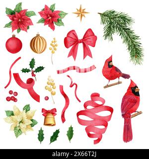 Set di Natale e Capodanno, llustratios acquerello, elementi per il design, poster, cartoline, cartoline. Cardinale del Nord, palle di Natale, campana, mistleto Foto Stock