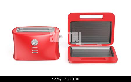 Tostapane elettrico rosso e tostapane su sfondo bianco Foto Stock