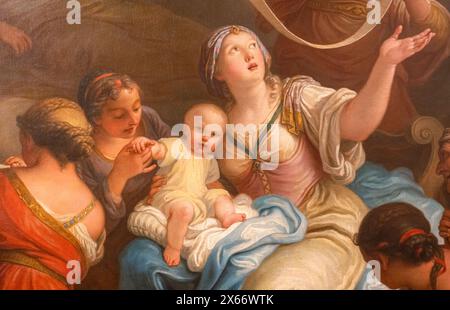 Dettaglio della pittura italiana vintage che mostra donne medievali che si prendono cura di un bambino Foto Stock