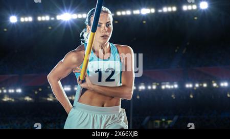 Salto con la pole Vault: Ritratto dell'atleta femminile professionista nel Campionato del mondo di corsa con Pole to Jump Over Bar. Shot of Competition al Big Stadium con esperienza di realizzazione sportiva Foto Stock