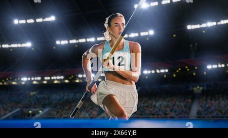 Salto con la pole Vault: Ritratto dell'atleta femminile professionista nel Campionato del mondo di corsa con Pole to Jump Over Bar. Shot of Competition al Big Stadium con esperienza di realizzazione sportiva Foto Stock