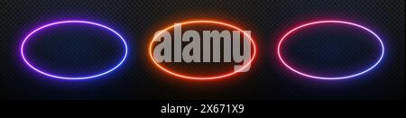 Luce ovale al neon. Cornice laser a ellisse. Bordo principale arrotondato. Gradiente elettrico per la progettazione. Forma geometrica fluorescente. Illustrazione Vettoriale