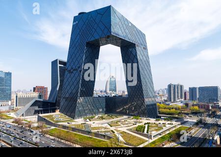 Quartiere centrale degli affari di Pechino, skyline del CBD con sede centrale della China Central Television CCTV a Pechino, Cina Foto Stock