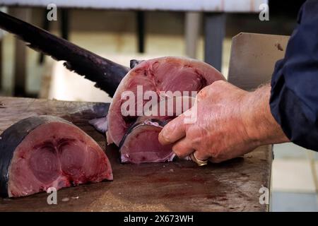 Dettaglio della mano di un pescivendolo che taglia spadaccino al pesce fresco di Ortigia Siracusa, storico mercato ittico italiano Foto Stock