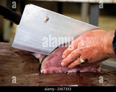 Dettaglio della mano di un pescivendolo che taglia spadaccino al pesce fresco di Ortigia Siracusa, storico mercato ittico italiano Foto Stock