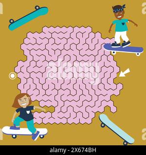 Illustrazione vettoriale Labyrinth Skate gioco labirinto. Puzzle colorato per bambini Illustrazione Vettoriale