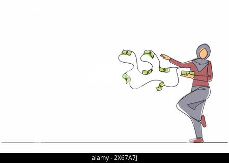 Una linea continua che disegna una donna d'affari araba felice milionaria buttare fuori una pila di banconote in volo. Successo e ricchezza Illustrazione Vettoriale
