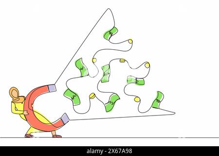Una sola linea che attira una donna d'affari araba che usa un grande magnete per attirare soldi. Fare soldi, avere successo, avere successo, avere successo finanziario, guadagnare e. Illustrazione Vettoriale