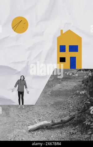 Immagine collage grafica composita verticale di un mini effetto bianco-nero sulle spalle del ragazzo isolato su sfondo creativo Foto Stock