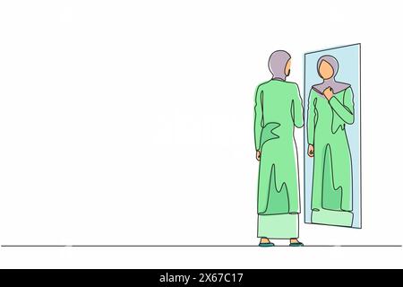 Una linea continua che disegna una donna d'affari araba che regola hijab davanti allo specchio. Donna che controlla il suo aspetto allo specchio. Manager donna che guarda Illustrazione Vettoriale