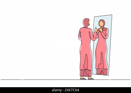 Una donna d'affari araba che disegna una linea continua ama guardare il suo riflesso allo specchio con i pollici in posa. Donna allo specchio, egoista, attraente Illustrazione Vettoriale