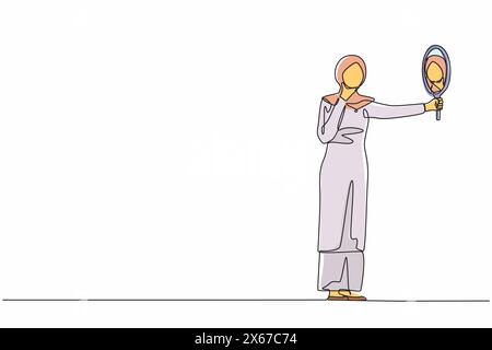 Una linea continua che disegna una donna d'affari araba che tiene lo specchio per mano. Manager donna con specchio per le mani. Donna che si guarda allo specchio. Narcisismo, r Illustrazione Vettoriale
