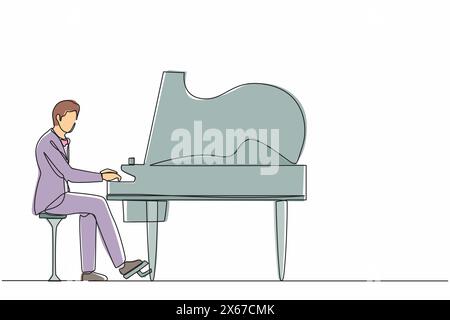 L'uomo che disegna una linea continua suona il piano. L'interprete maschile siede allo strumento musicale e suona jazz o blues. Musicista professionista. La persona si comporta Illustrazione Vettoriale