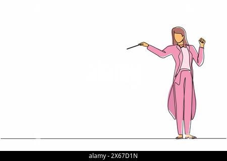 Linea continua che disegna donna direttore d'orchestra di musica. Musicista donna in tuta da smoking con gesti del braccio. Il direttore espressivo dirige l'orchestra Illustrazione Vettoriale