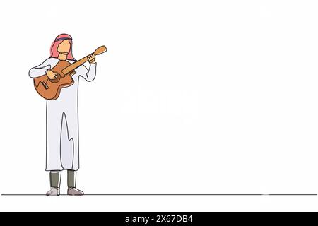 Una linea continua che disegna un uomo arabo che suona la chitarra acustica. Un ragazzo musicista adolescente che suona le corde durante una performance musicale. Musicista professionista. S Illustrazione Vettoriale