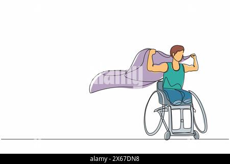 Linea singola continua che disegna un giovane amputato con ferite al corpo che innalzano la bandiera. Atleta disabili seduto su sedia a rotelle da corsa, sportivo disabili. Illustrazione Vettoriale