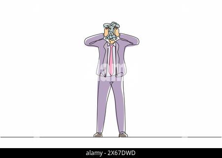 Una sola linea che disegna un uomo d'affari con scarabocchi rotondi invece di una testa. Un uomo confuso e premuroso che fa domande che cercano risposte e tr Illustrazione Vettoriale