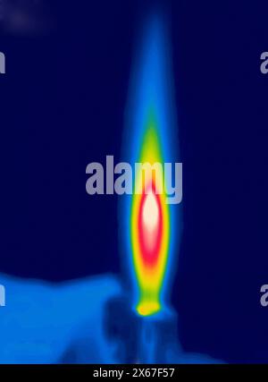 Accendino a gas in mano. Immagine modificata dal dispositivo della termocamera Foto Stock