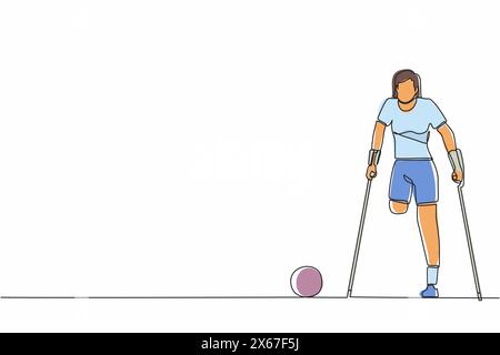 Linea singola continua che disegna una donna disabile con stampelle che gioca a calcio nello stadio. Atleta di calcio disabili. Donna sportiva amputata che gioca su S. Illustrazione Vettoriale