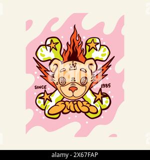 Graffiti da orso. Design grafico da ragazza con slogan accattivante e accattivante. Tipografia delle T-shirt. Street art urbana. Punk rock museruola. Bambola grunge. Pazzo giocattolo per animali. Illustrazione Vettoriale