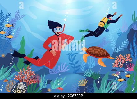 Subacquei oceanici. Snorkeling subacqueo in maschera subacquea. Acqua e natura. Pesci e nuotatori nella barriera corallina tropicale. Esplorazione dei fondali marini. Uomo e donna che nuotano a wi Illustrazione Vettoriale