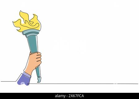 Una sola linea di disegno che tiene la torcia dorata con fiamma. Simbolo del torneo sportivo. Fiamma e sport. Istruzione e illuminazione. Illustrazione Vettoriale
