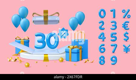 Numeri 3D. Confezione regalo per le feste. sconto del 10%. Font percentuale sconto. Fai shopping sul podio con borse e simbolo del dollaro. Icona prezzo scontato. Fai regali e bà Illustrazione Vettoriale