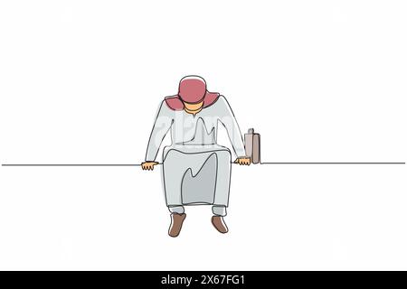 Una linea continua che disegna un uomo d'affari arabo triste seduto in panchina da solo. L'uomo soffre di depressione, viene licenziato, entra in una situazione difficile Illustrazione Vettoriale