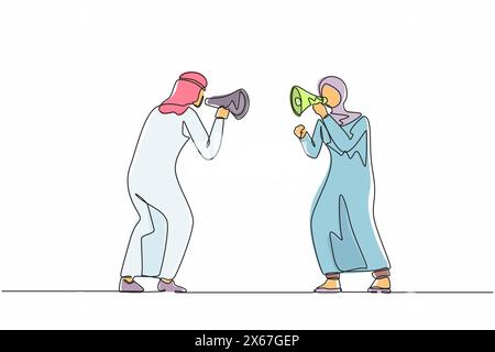Una linea continua che disegna un uomo e una donna arabi tengono gli altoparlanti urlano l'uno contro l'altro impegnati in una lotta familiare. Marito e moglie ostinati e arrabbiati urlano Illustrazione Vettoriale