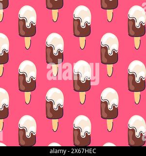 Gelato senza cuciture in stile piatto. Design di prodotti lattiero-caseari per prodotti tessili, alimentari e dolci. Illustrazione vettoriale su sfondo rosa. Illustrazione Vettoriale