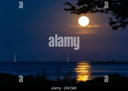 Luna piena sul ponte Storebaelt con riflessi nel Mar Baltico, Dalby, Danimarca Foto Stock