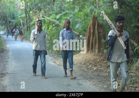 Naogaon, Bangladesh. 13 maggio 2024. Gli abitanti del Parco Nazionale degli Altadighi tornano a casa dopo il lavoro nel tardo pomeriggio a Dhamoirhat upazila, nel quartiere Naogaon. (Credit Image: © MD Mehedi Hasan/ZUMA Press Wire) SOLO PER USO EDITORIALE! Non per USO commerciale! Foto Stock