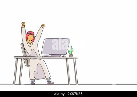 Una sola linea che disegna un uomo d'affari arabo felice seduto con le mani alzate sul suo posto di lavoro. Il lavoratore in ufficio celebra l'aumento dello stipendio dell'azienda. Illustrazione Vettoriale