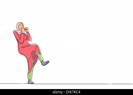 Continua una linea che disegna una donna d'affari araba felice in piedi con piega una gamba e fai sì gesto con entrambe le mani. Gli impiegati celebrano il successo di Illustrazione Vettoriale