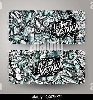 Set di doodle vettoriali cartoni animati di modelli di identità aziendale australiani. Divertente design australiano di striscioni monocromatici e line art Illustrazione Vettoriale