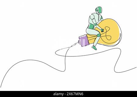Una linea continua che disegna robot che cavalcano razzi a bulbo leggero. Moderna tecnologia robotica di intelligenza artificiale. Industria della tecnologia elettronica. Cantate Illustrazione Vettoriale