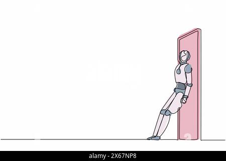 Una linea continua che disegna robot in piedi e spinge la porta con la schiena. Organismo cibernetico robot umanoide. Il futuro concetto di sviluppo robotico. S Illustrazione Vettoriale