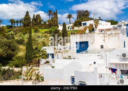 Le tipiche case tradizionali, le terrazze sul tetto. White Madina a Sidi Bou Said vicino a Tunisi. Tunisia, Nord Africa Foto Stock