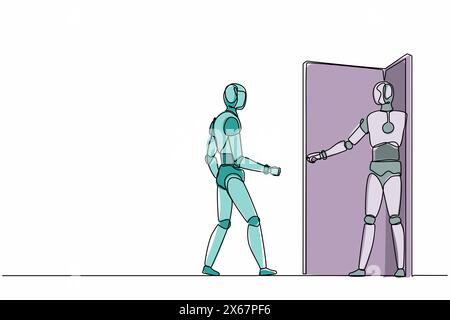 Il robot per disegnare una sola linea invita il suo amico a entrare nel suo ufficio. Tecnologia del futuro. Intelligenza artificiale e processo di apprendimento automatico. Illustrazione Vettoriale